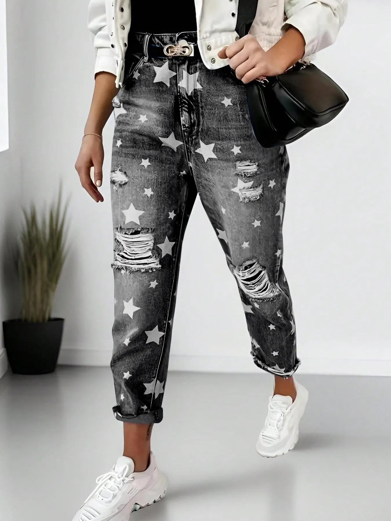 Star Print Distressed High Waist Boyfriend Jeans OutfitFlow