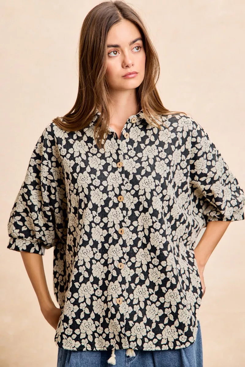 BiBi Floral Jacquard Short Dolman Sleeves Shirt OutfitFlow