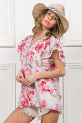 BiBi Floral Print Flutter Sheer Top OutfitFlow