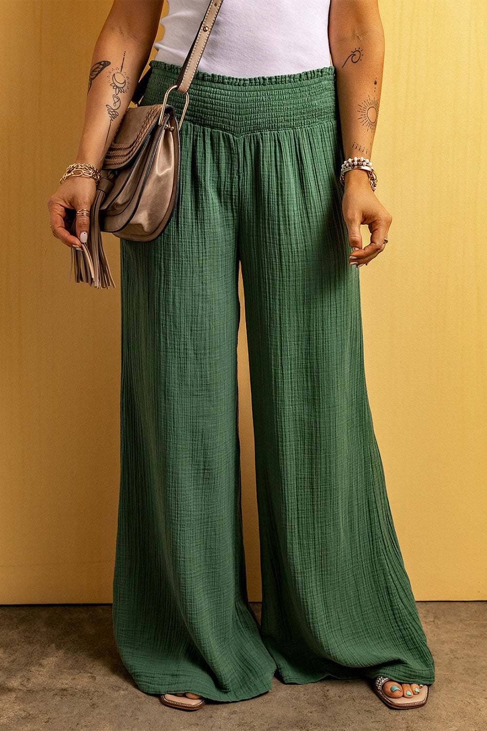 Outfit Flow - Smocked Waist Texture Wide Leg Pants