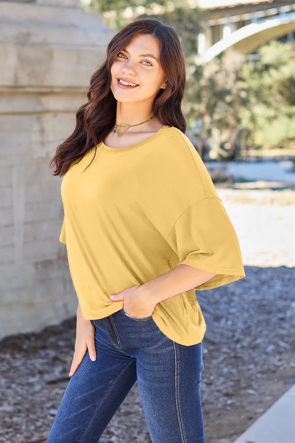 Basic Bae Bamboo Full Size Round Neck Drop Shoulder T-Shirt OutfitFlow