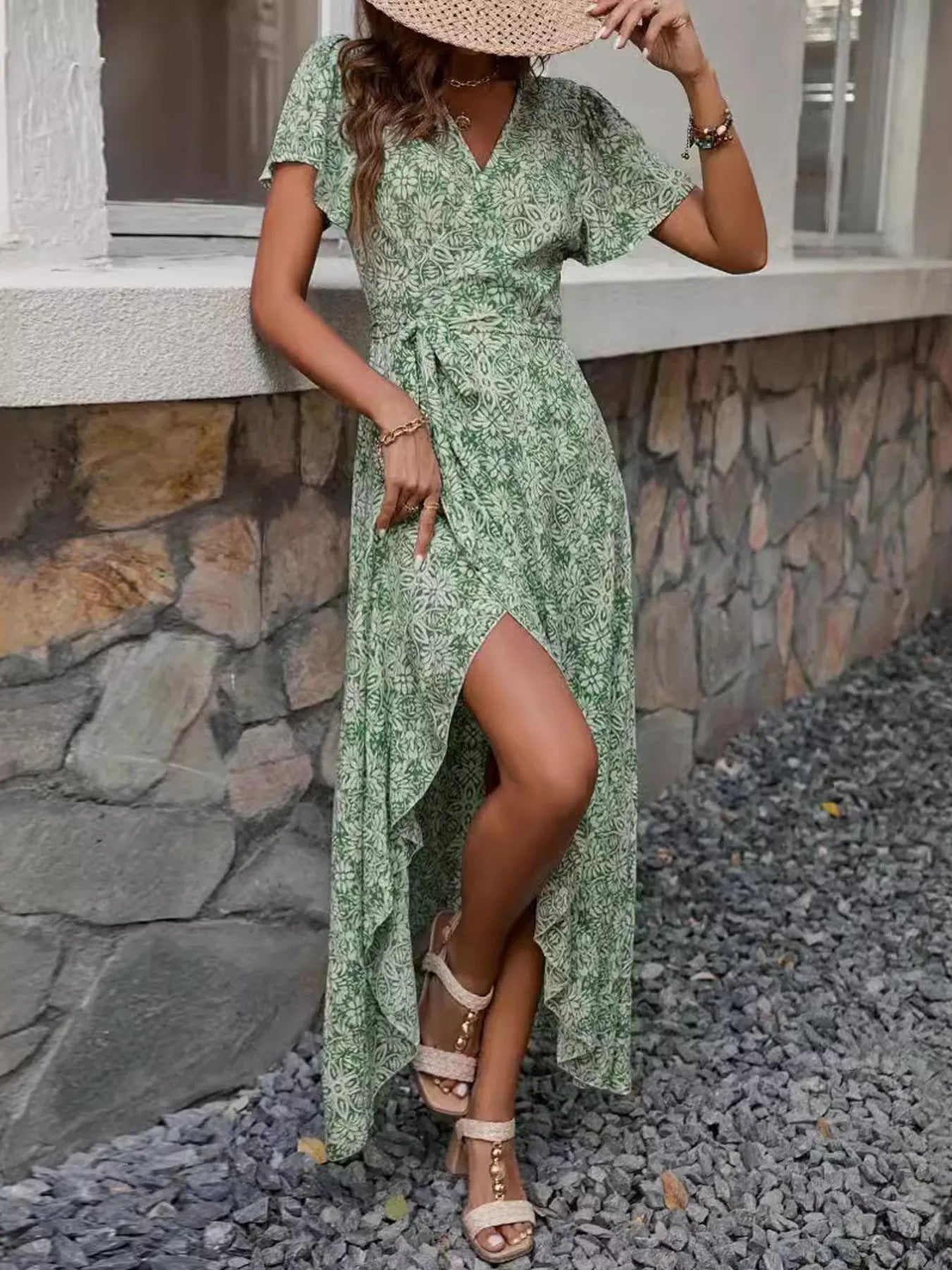 Printed Surplice Maxi Dress with Flutter Sleeves OutfitFlow