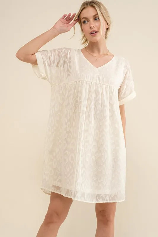 And The Why Woven Leopard Baby Doll Roll-Sleeve Casual Dress OutfitFlow