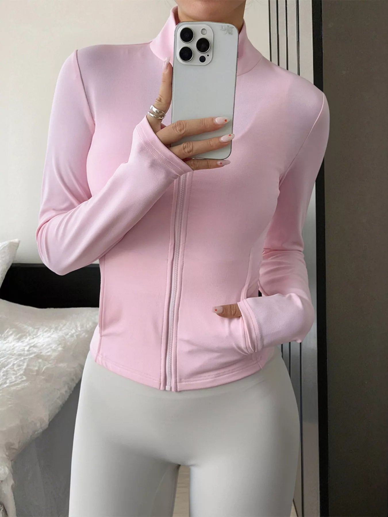Slim Fit Zipper Front Outerwear Pink OutfitFlow