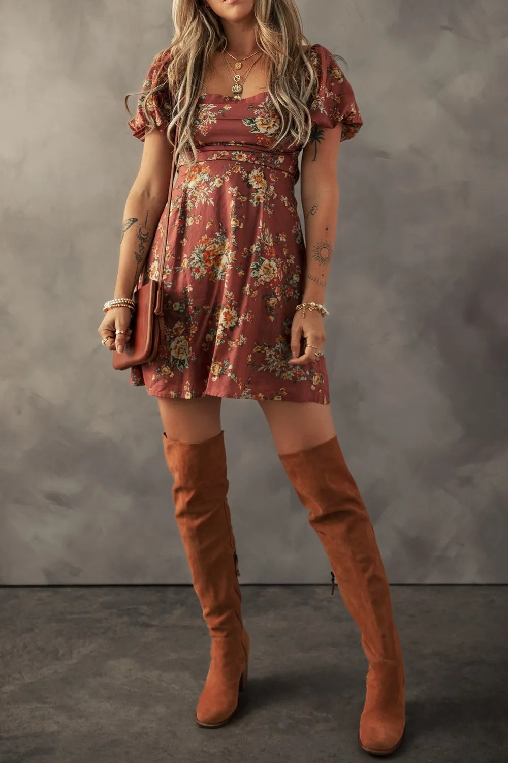 Floral Puff Sleeve Square Neck Knot Open Back Mini Dress OutfitFlow
