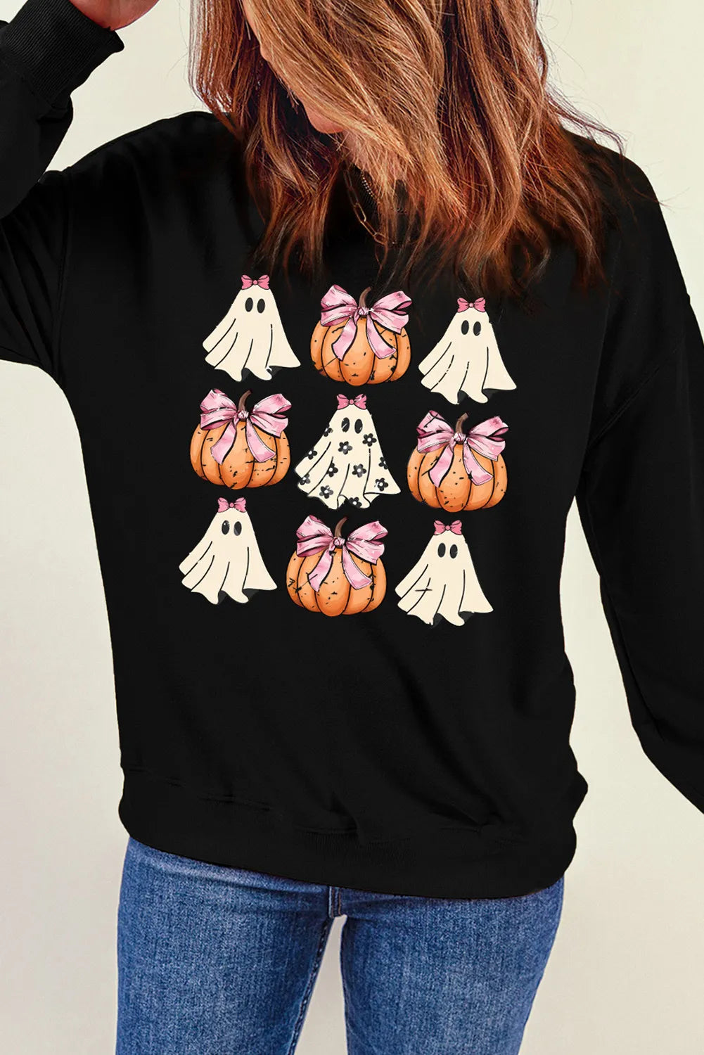 Pumpkin & Ghost Round Neck Long Sleeve Sweatshirt OutfitFlow