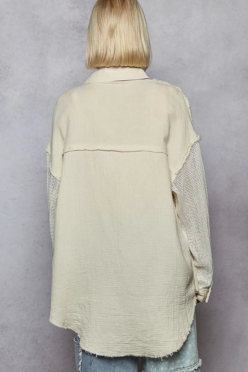 POL Button Down Exposed Seam Flower Print Patch Shirt with Crochet Long Sleeve OutfitFlow