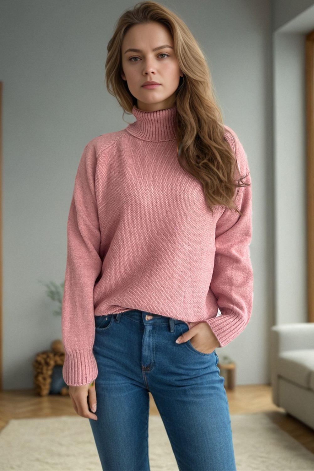 Outfit Flow - Ribbed Turtleneck Raglan Sleeve Sweater