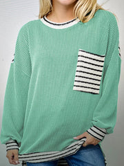 Twisted Ribbed Contrast Round Neck Striped Patchwork Long Sleeve Top Turquoise OutfitFlow