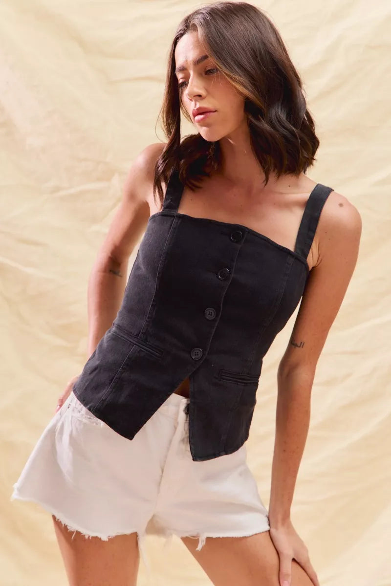 SO ME Button Down Sleeveless Game Day Fitted Denim Top Trendsi