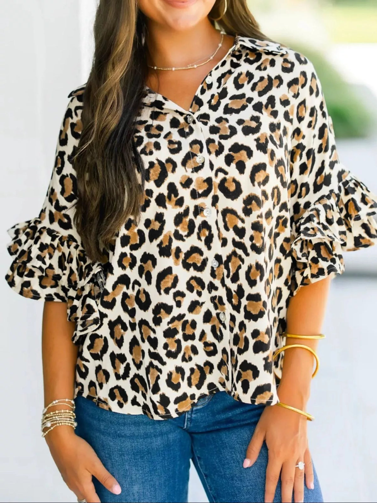 Leopard Print Ruffle Trim 3/4 Sleeve Loose Shirt Leopard Trendsi