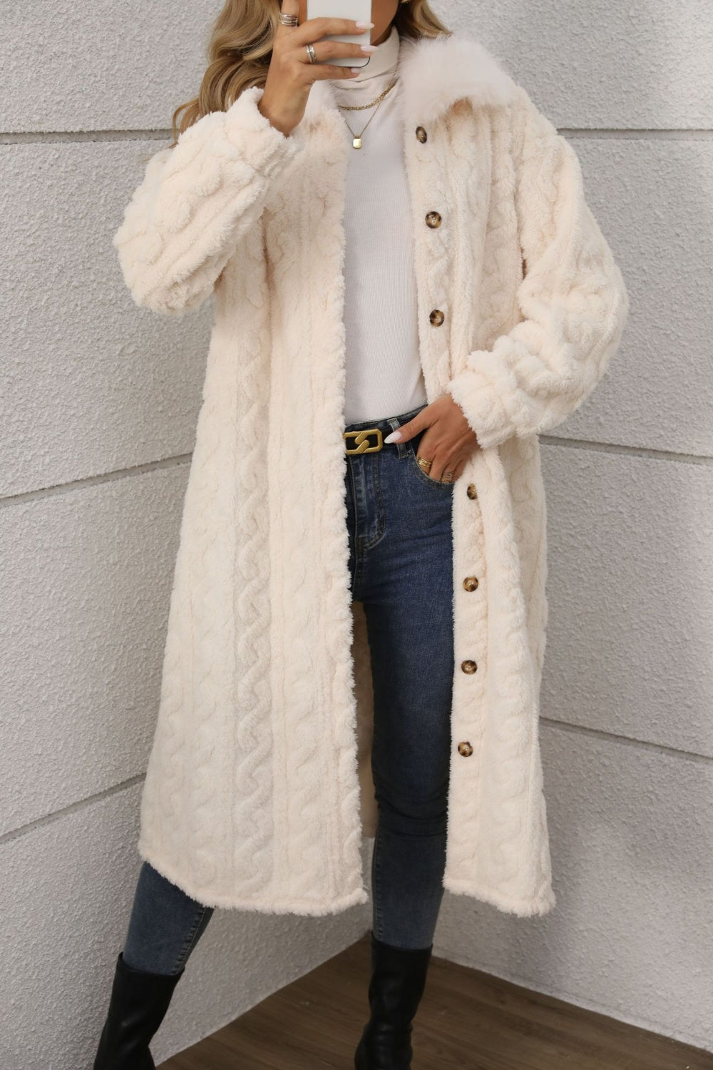 Outfit Flow - Furry Button Up Long Sleeve Longline Coat