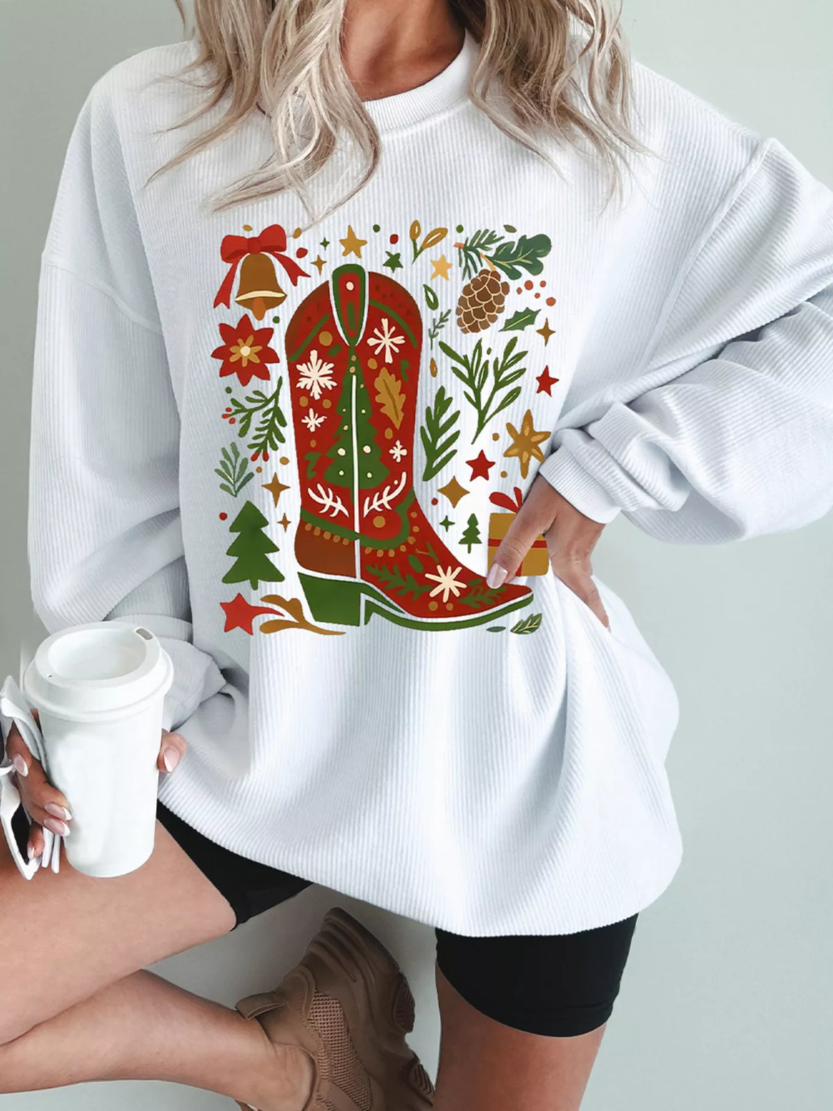 Christmas Leafy Boot Printed Corded Rib Drop Shoulder Sweatshirt White OutfitFlow