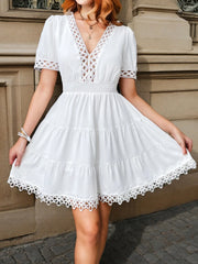Lace Trim V-Neck Mini Dress White OutfitFlow