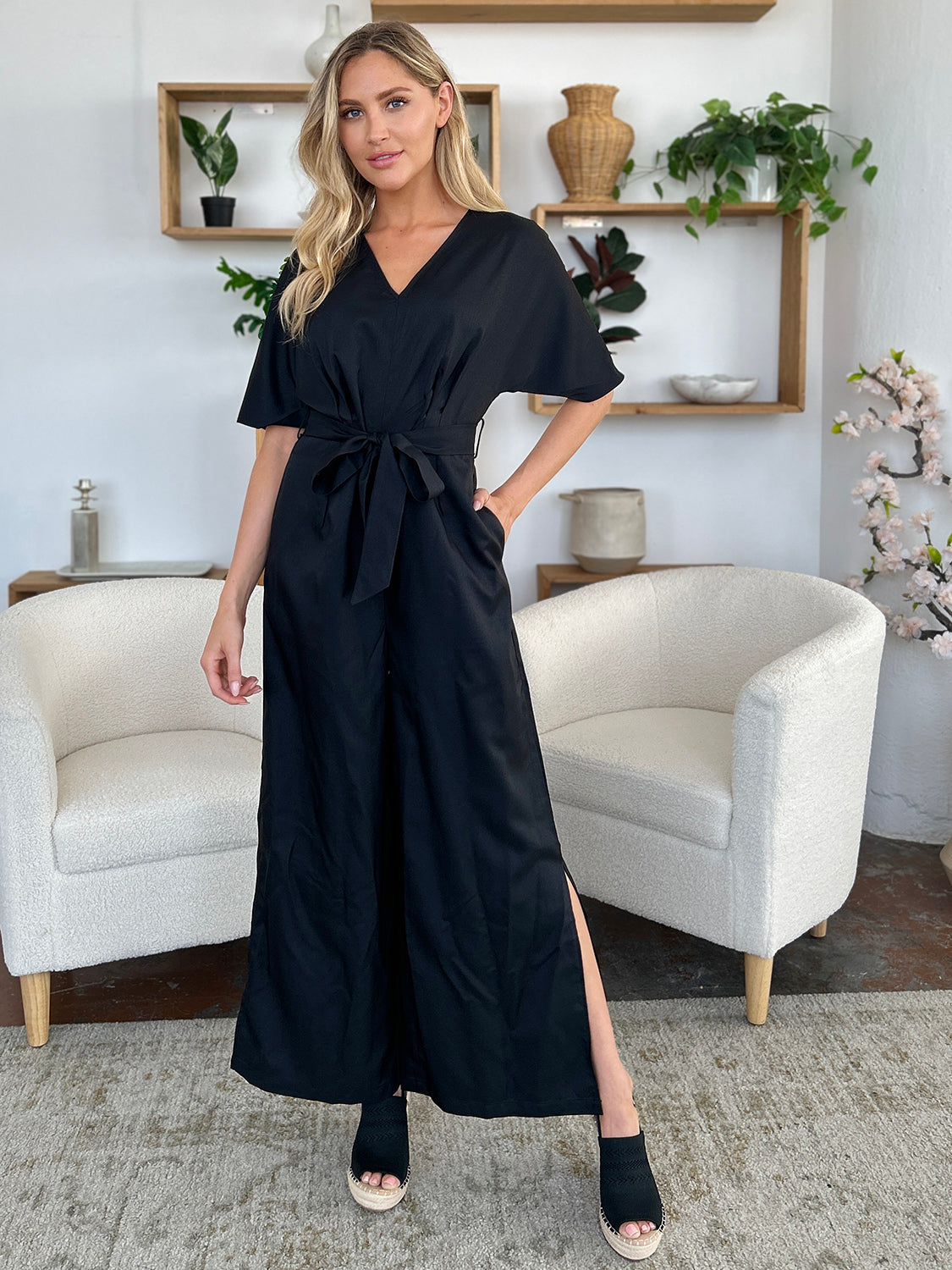 Outfit Flow - Double Take Full Size V-Neck Tied Side Slit Jumpsuit