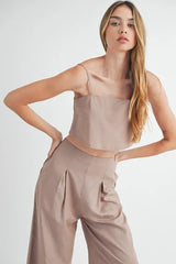 MABLE Linen Mix Crop Cami and Wide Leg Pants Set OutfitFlow