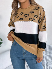 Star Contrast Round Neck Sweater OutfitFlow