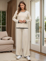 Outfit Flow - Contrast Trim Round Neck Top and Pants Sweater Set