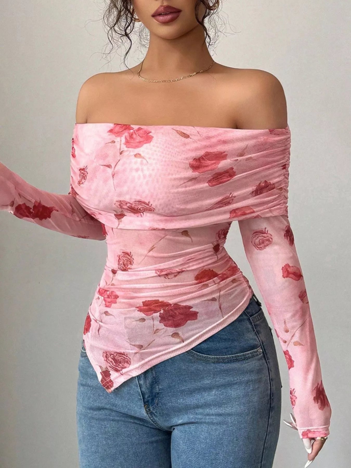 Floral Print Off-Shoulder Mesh Top OutfitFlow