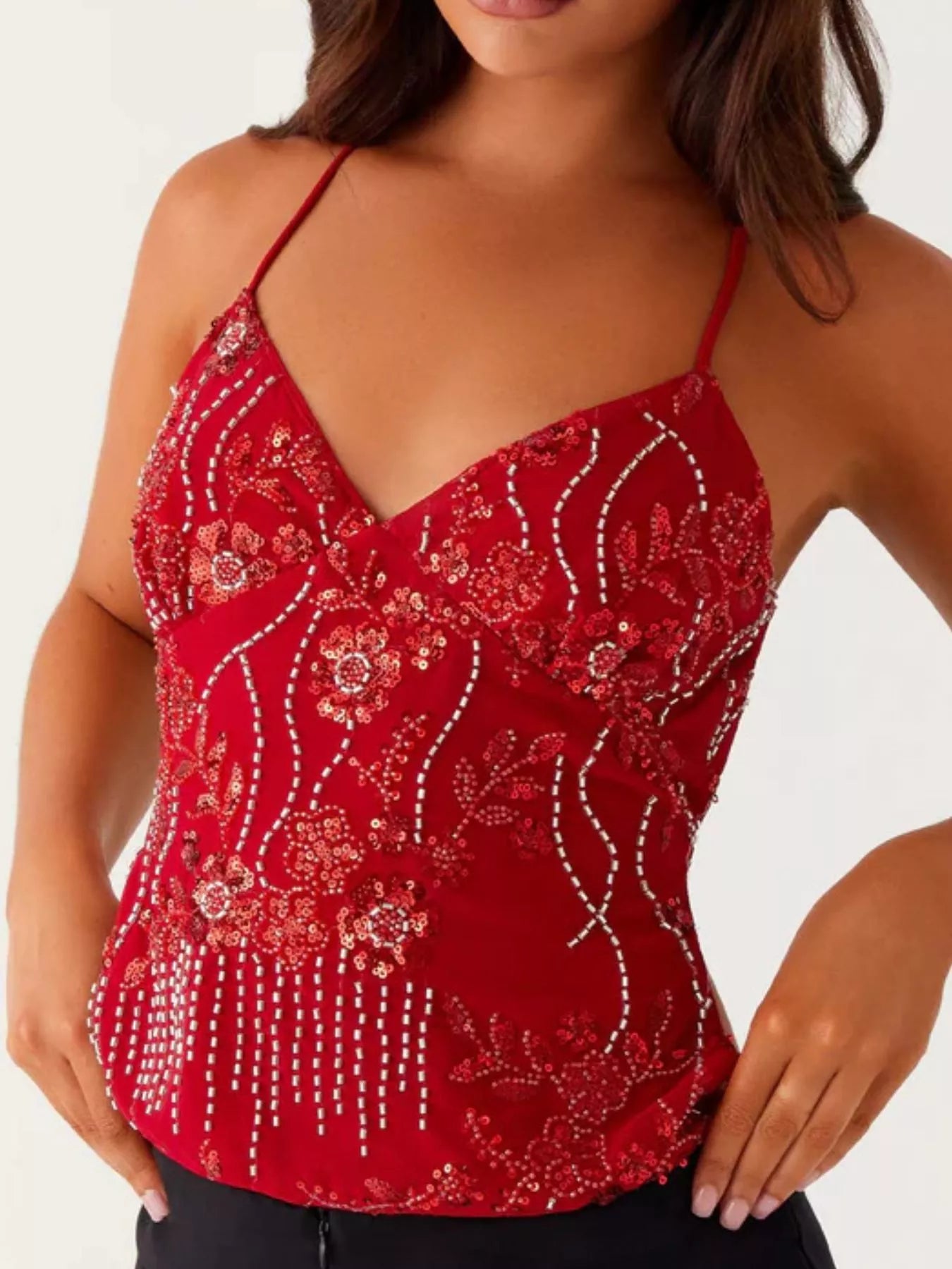 Embroidered Sequin Tie Back Cami Red OutfitFlow