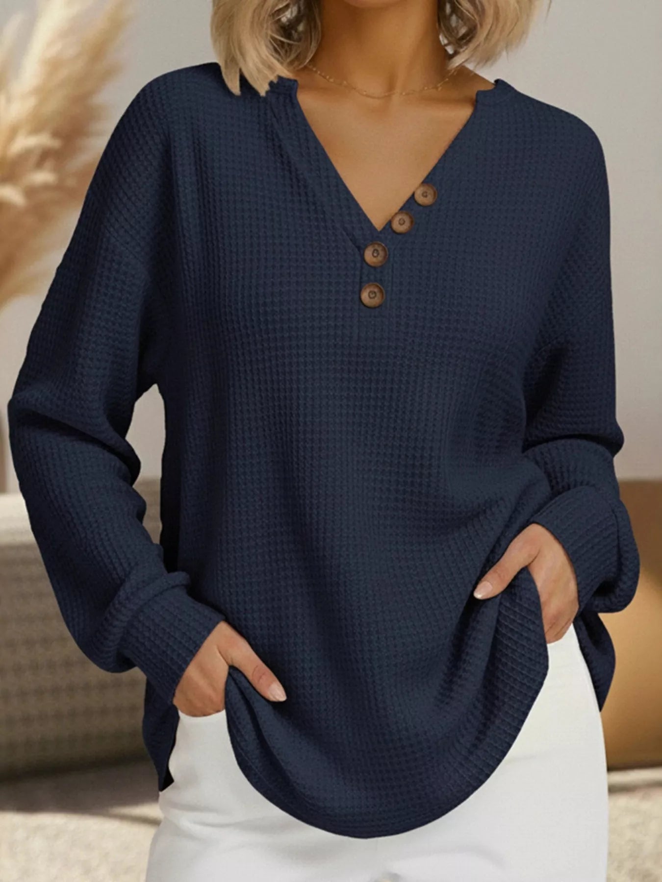 Full Size Casual Waffle Knit V-Neck Long Sleeve T-Shirt Plus Size Navy OutfitFlow