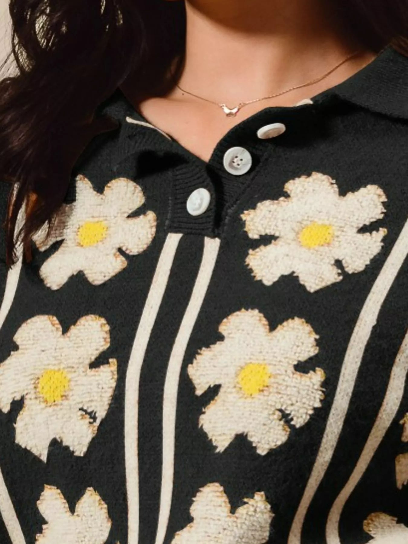 SO ME Floral Stripe Polo Collar Sweater OutfitFlow