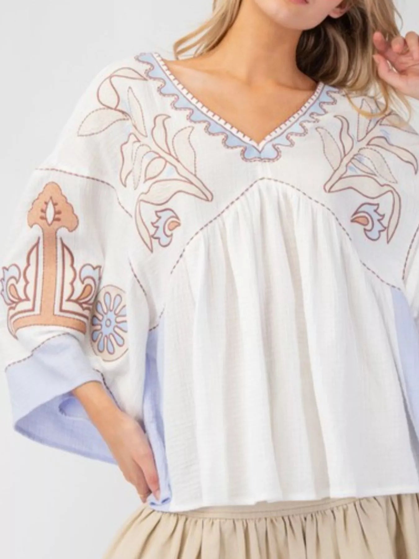 Printed V-Neck Top with Contrast Trim Details OutfitFlow