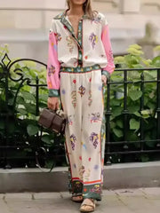 Printed Button Up Shirt and Pants Set OutfitFlow
