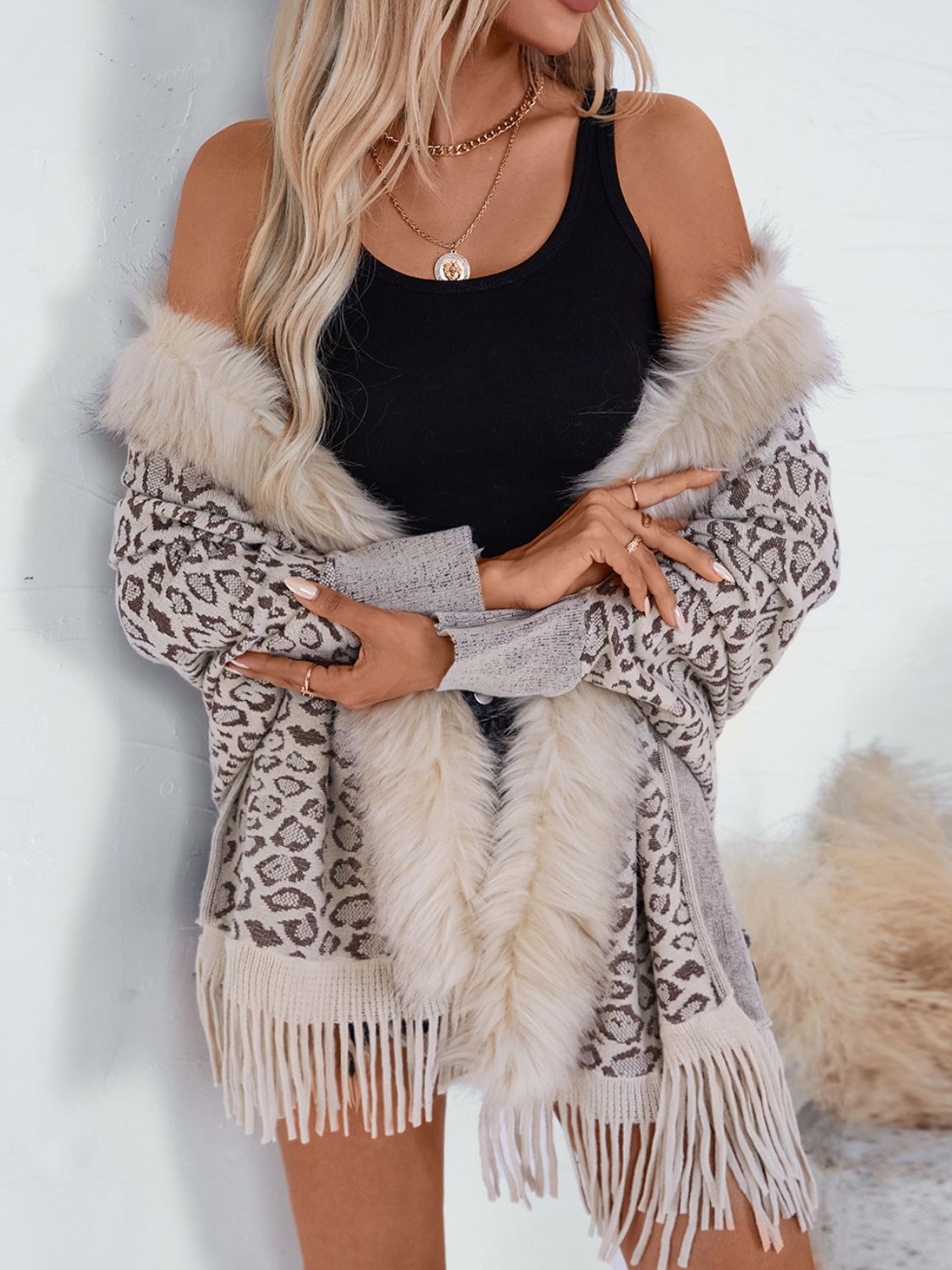 Outfit Flow - Fringe Leopard Open Front Long Sleeve Poncho