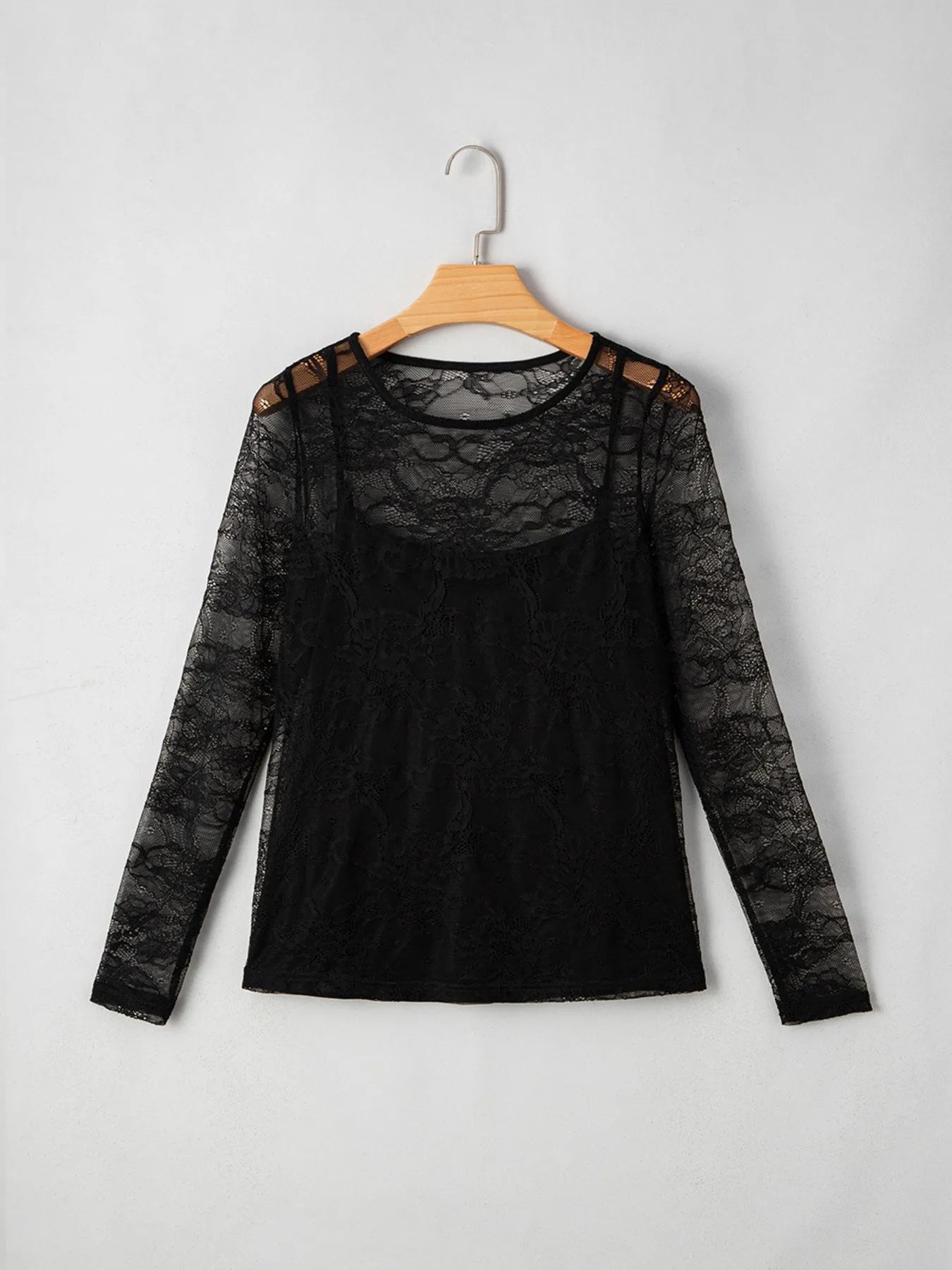 Lace Crochet Mesh Patched Slim Fit Long Sleeve Top OutfitFlow