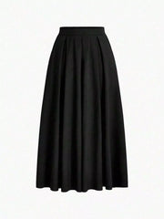 Elastic Waist Pleated Detail Skirt Black OutfitFlow