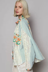 POL Lace Long Sleeve Shirt with Floral and Striped Pattern OutfitFlow
