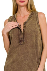 Zenana Washed Half-Button Raw Edge Sleeveless Henley Top OutfitFlow