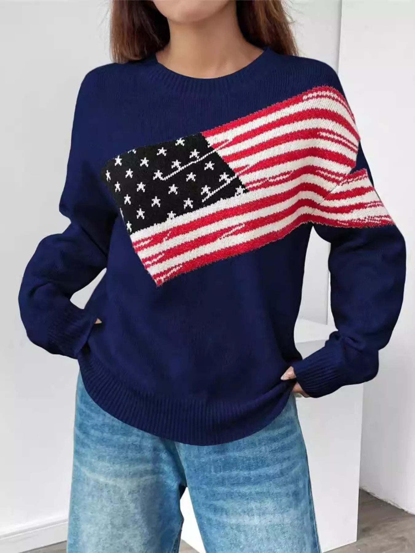 US Flag Round Neck Long Sleeve Sweater OutfitFlow