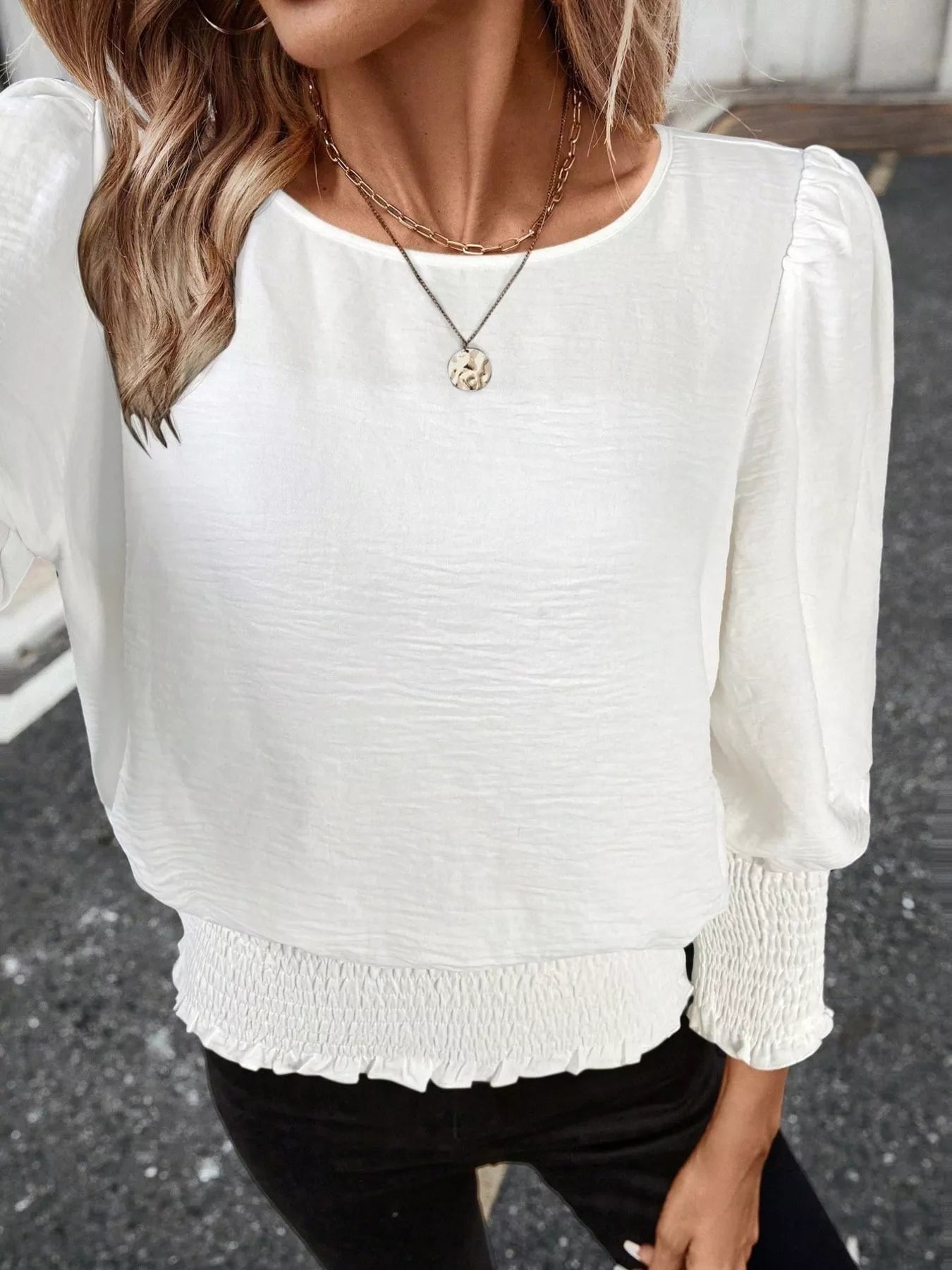 Smocked Waist Round Neck Blouse Trendsi