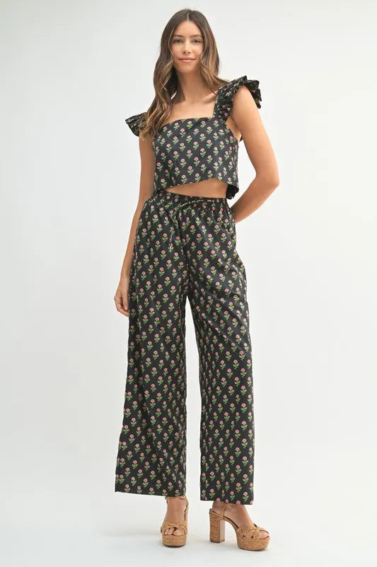 MABLE Floral Print Ruffle Top and Pants Set Black OutfitFlow