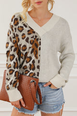 Outfit Flow - Leopard V Neck Drop Shoulder Sweater