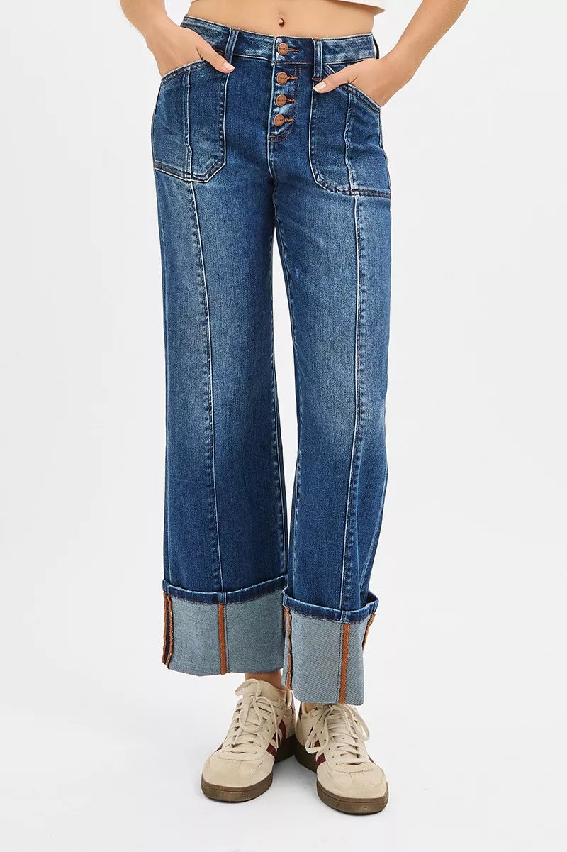 RISEN Full Size High Rise Crop Wide Straight Cuffed Jeans Plus Size OutfitFlow