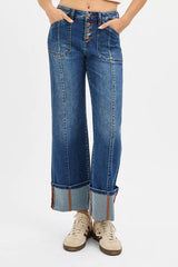 RISEN Full Size High Rise Crop Wide Straight Cuffed Jeans Plus Size OutfitFlow