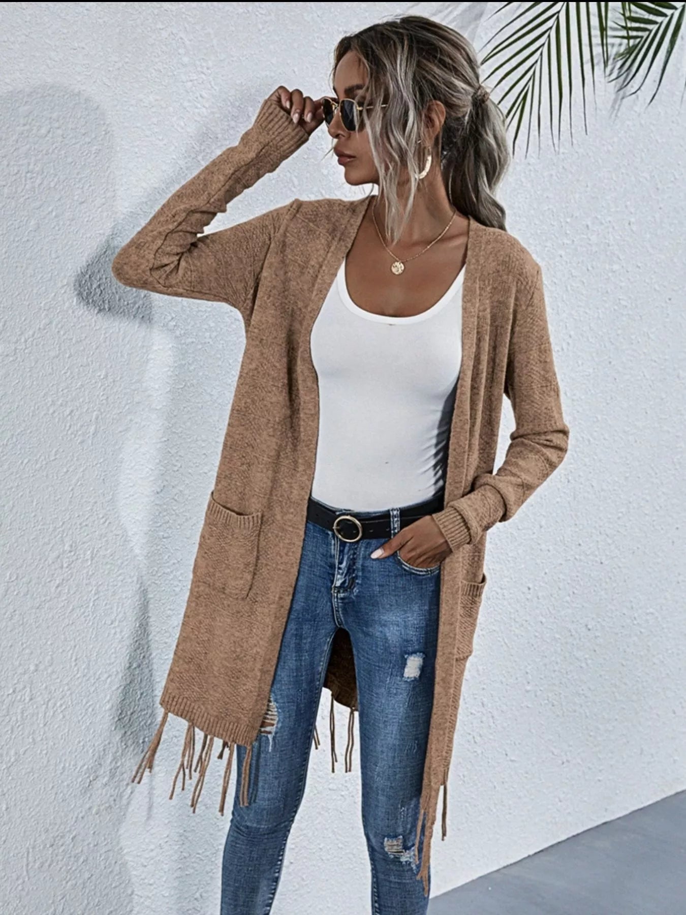 Open Front Fringe Longline Cardigan with Pockets OutfitFlow