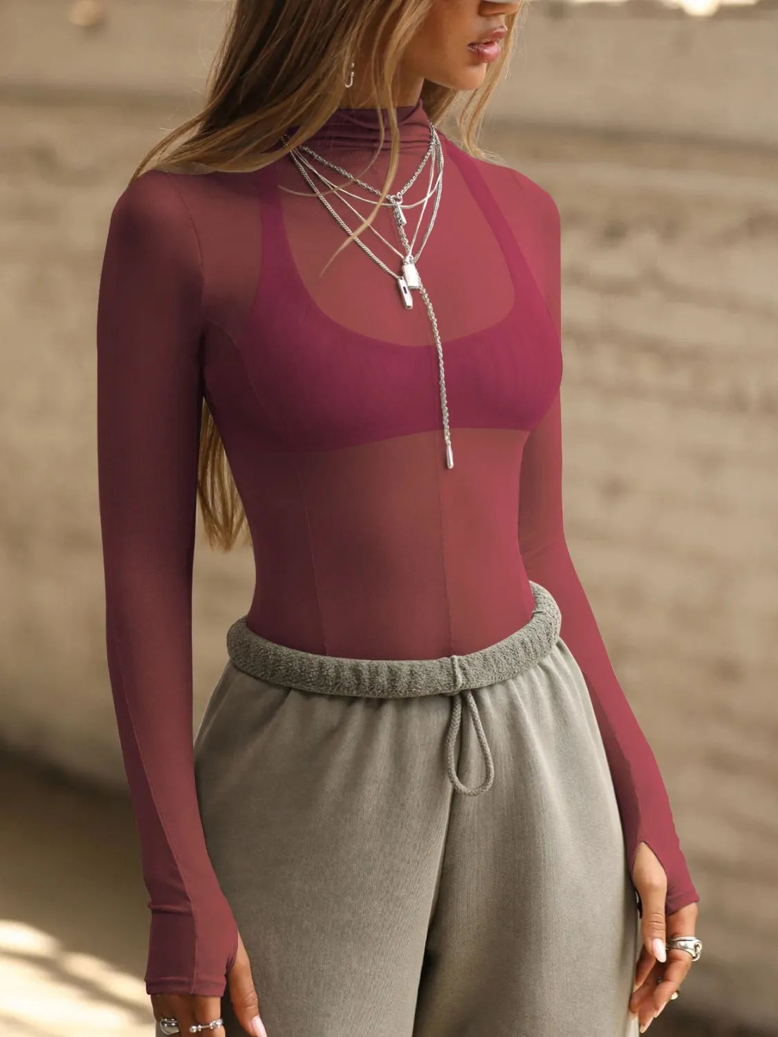 Mock Neck Long Sleeve Sheer Top Deep Purple OutfitFlow