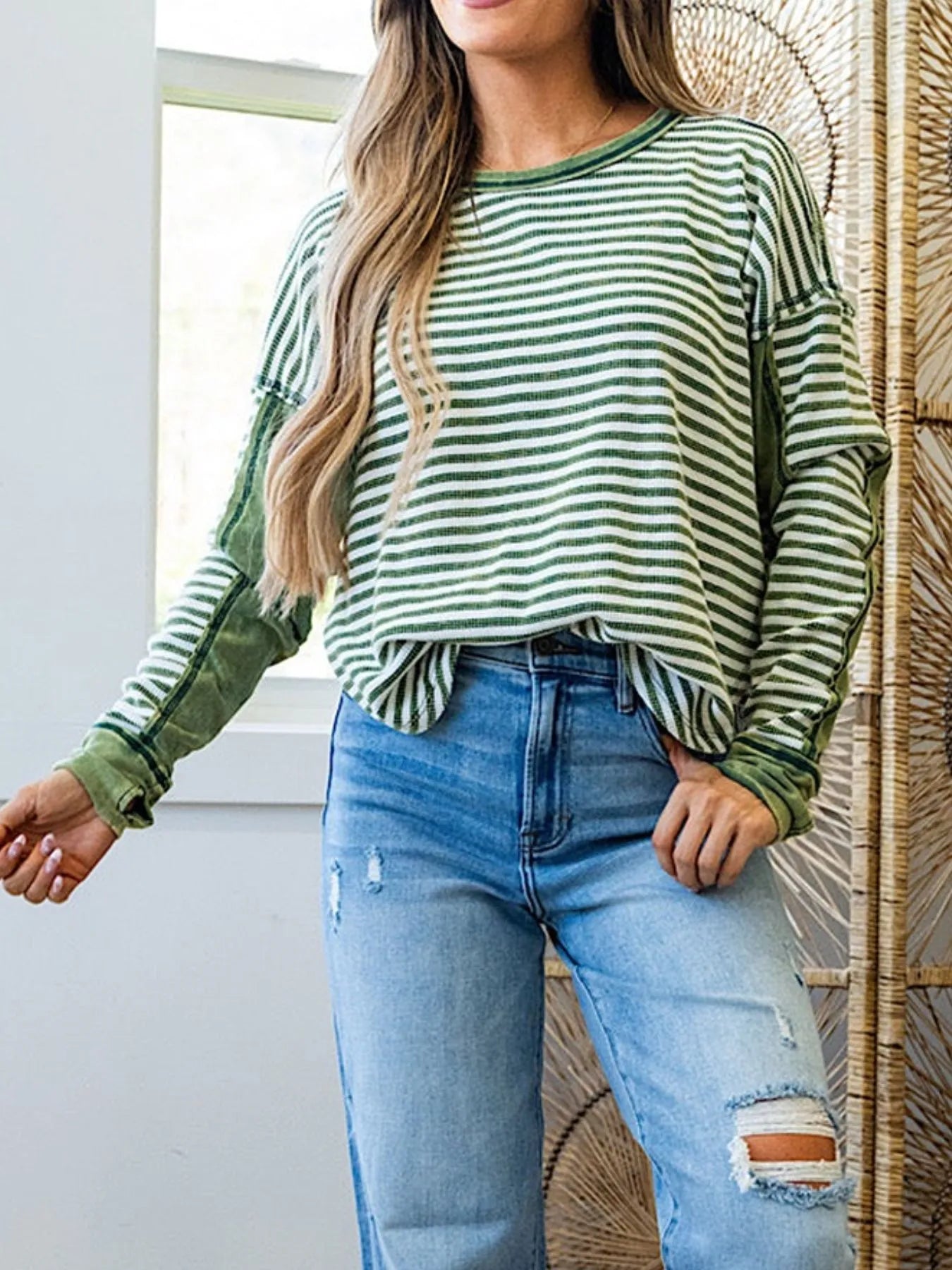 Striped Round Neck Long Sleeve Sweatshirt OutfitFlow