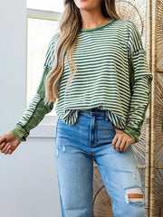 Striped Round Neck Long Sleeve Sweatshirt OutfitFlow
