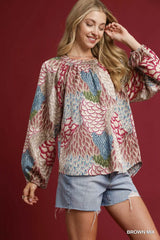 Umgee Boho Feather Print Peasant Blouse Trendsi