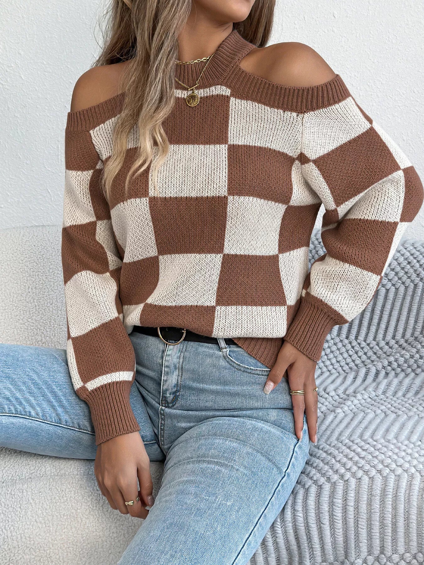 Cold Shoulder Checkered Long Sleeve Sweater Brown OutfitFlow