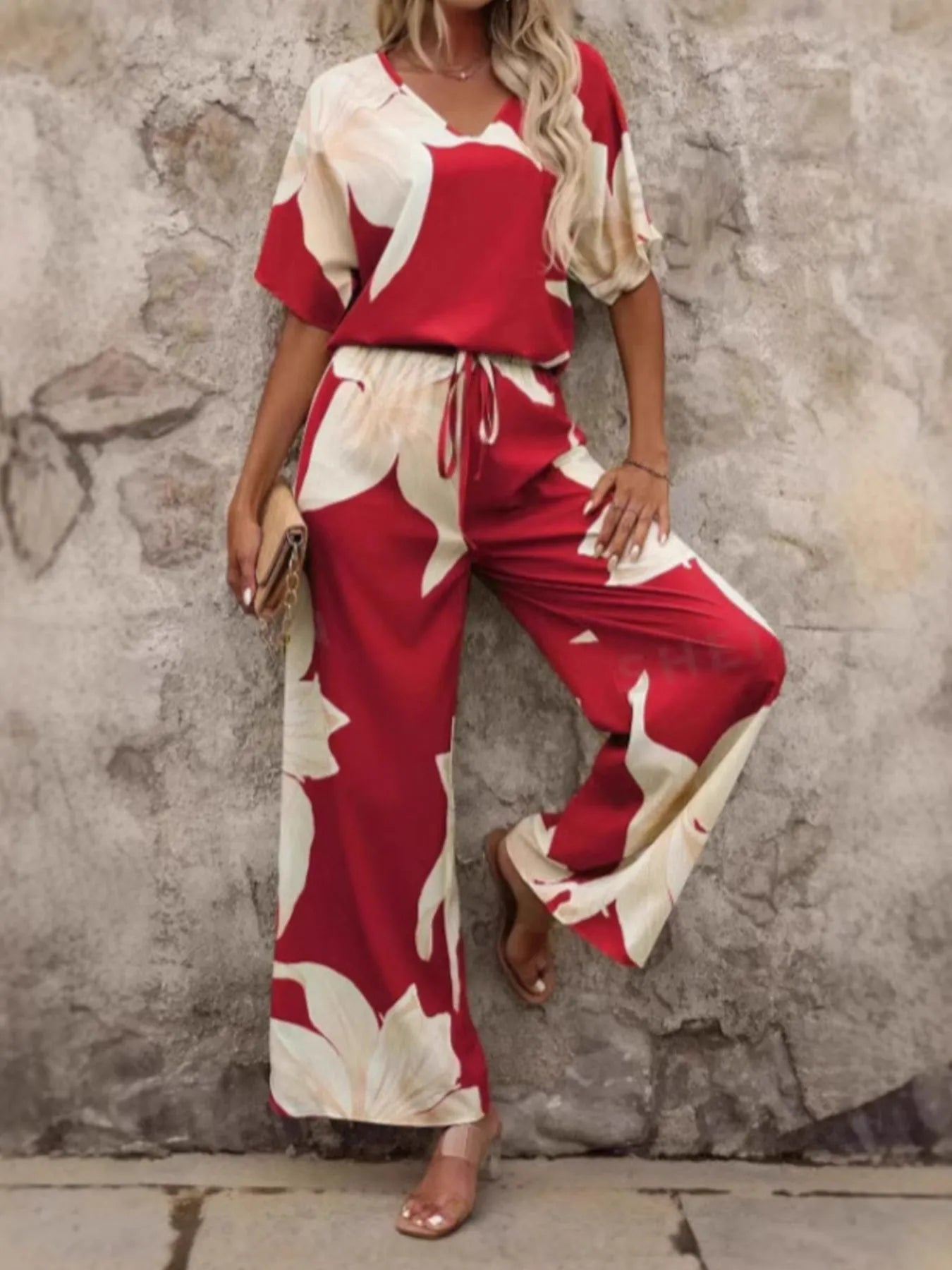 Printed V-Neck Top and Pants Set Red OutfitFlow