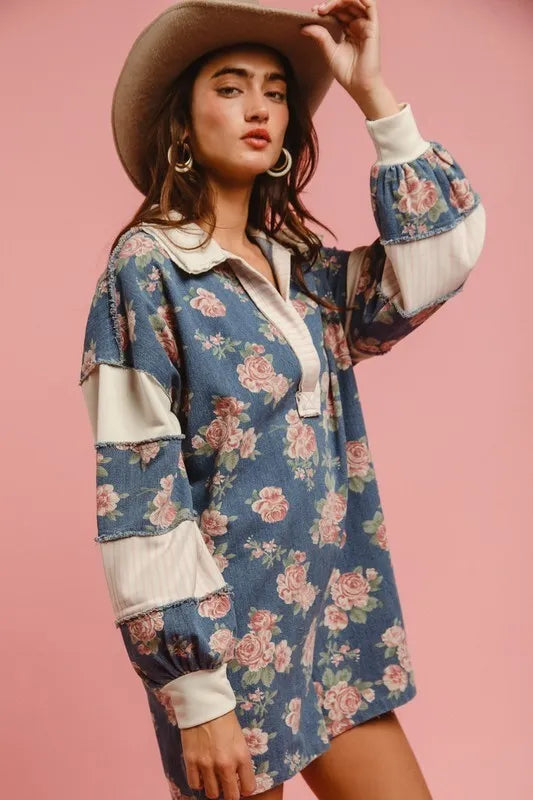 BiBi Washed Floral Denim Romper With Contrast Collar OutfitFlow