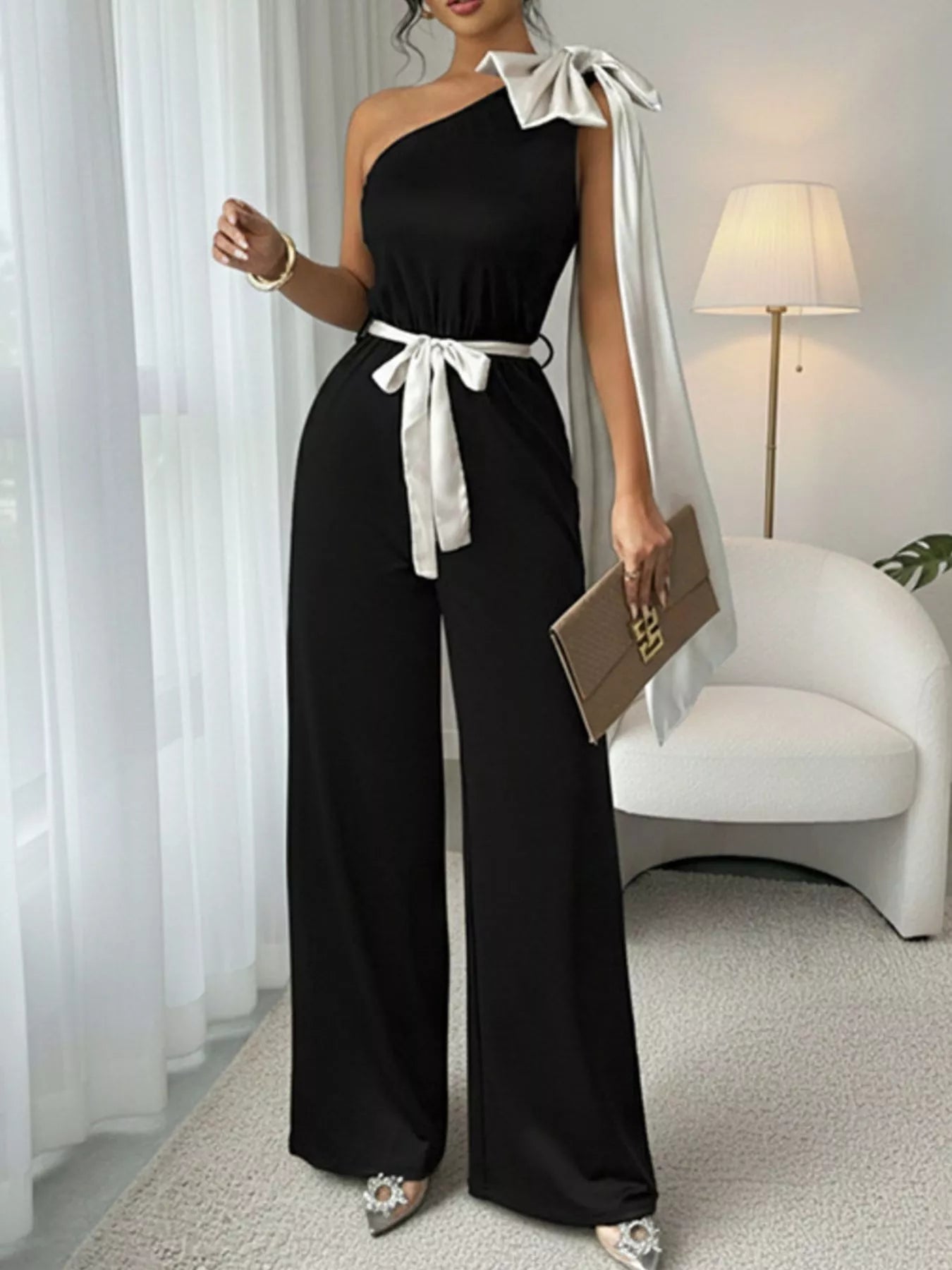 One-Shoulder Bowknot Wide Leg Jumpsuit Black OutfitFlow