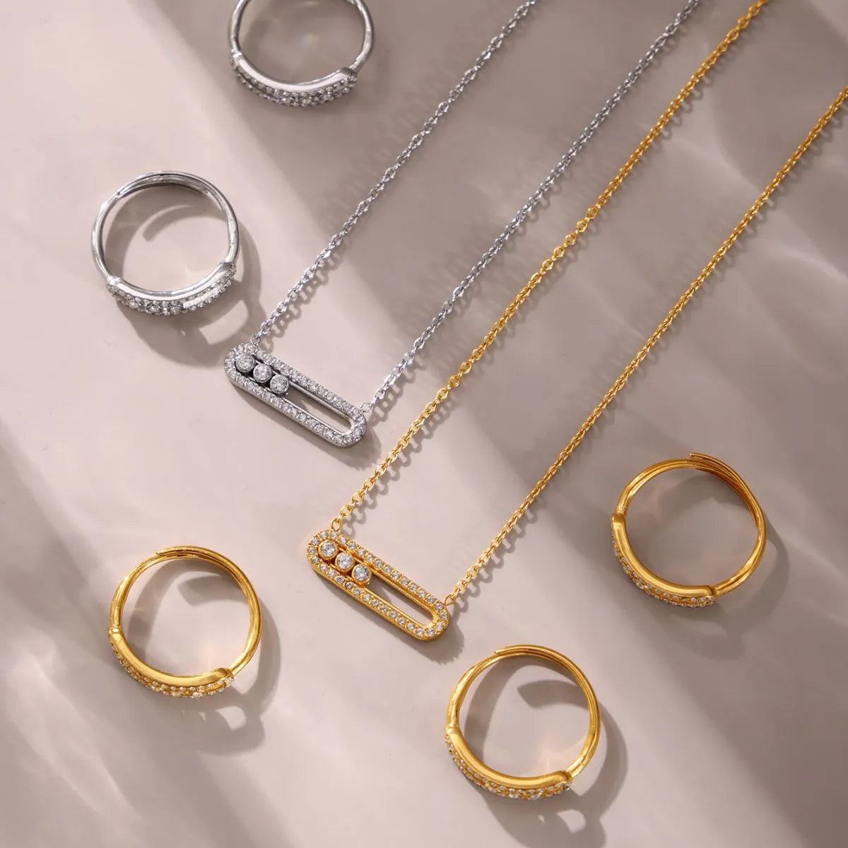 Moving Crystal Bar Necklace and Ring Jewelry Set OutfitFlow
