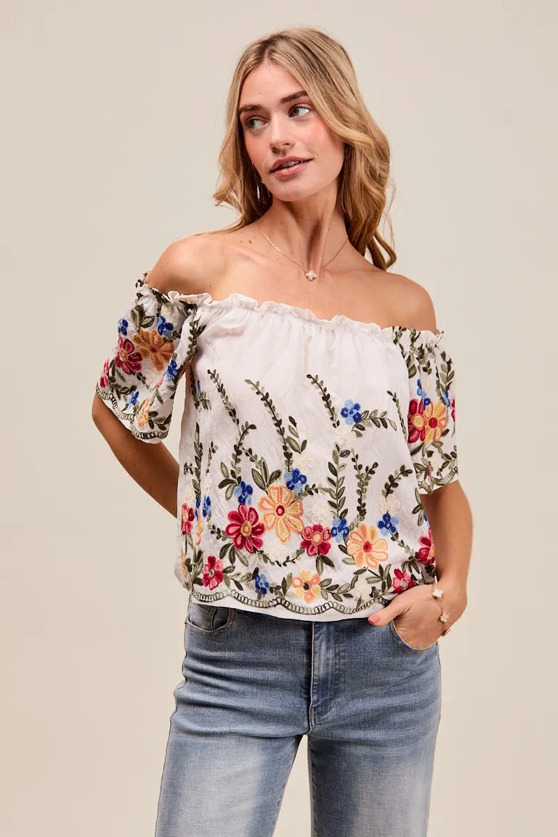 SO ME Floral Embroidered Two Way Off The Shoulder Blouse OutfitFlow